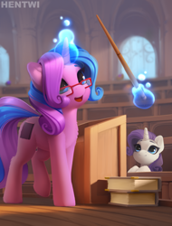 Size: 3044x4000 | Tagged: safe, artist:hentwi, rarity, oc, oc:scribble script, pony, unicorn, g4, commission, duo, duo female, female, glasses, high res, magic, open mouth, open smile, smiling, student, teacher, teacher and student, telekinesis, university, young, younger, younger female