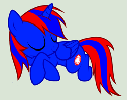 Size: 1631x1279 | Tagged: safe, artist:stephen-fisher, oc, oc only, oc:stephen (stephen-fisher), alicorn, pony, alicorn oc, closed mouth, eyes closed, horn, lying down, male, male alicorn, male alicorn oc, needs more saturation, red and blue, simple background, sleeping, smiling, solo, stallion, white background, wings