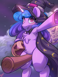 Size: 3000x4000 | Tagged: safe, artist:nanazdina, derpibooru exclusive, izzy moonbow, pony, unicorn, g5, armpits, blushing, broom, cape, chest fluff, clothes, commission, flying, flying broomstick, halloween, hat, holiday, magic, misleading thumbnail, pumpkin, solo, underhoof, witch hat, ych example