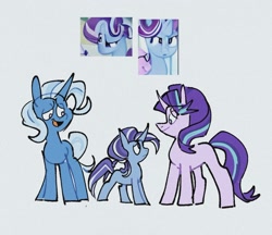 Size: 1572x1359 | Tagged: safe, ai assisted, ai content, ai reference, artist:disaterror, starlight glimmer, trixie, oc, oc:illusory luminance, pony, unicorn, g4, ai interpretation, female, frown, lesbian, looking at each other, looking at someone, looking down, looking up, magical lesbian spawn, mother and child, offspring, open mouth, open smile, parent:starlight glimmer, parent:trixie, parents:startrix, ship:startrix, shipping, simple background, smiling, standing, white background