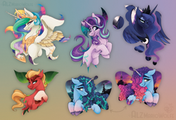 Size: 3981x2722 | Tagged: safe, artist:alzmariowolfe, misty brightdawn, princess celestia, princess luna, sprout cloverleaf, starlight glimmer, alicorn, earth pony, pony, unicorn, g4, g5, eyebrows, female, gradient background, high res, horn, male, mare, partially open wings, rebirth misty, royal sisters, siblings, sisters, stallion, unshorn fetlocks, wings