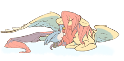 Size: 929x456 | Tagged: safe, artist:bananasmores, fluttershy, bird, duck, pegasus, pony, g4, beard, covering, facial hair, male, solo, trans fluttershy, trans male, transgender, wing covering, wings