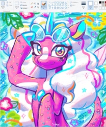 Size: 803x967 | Tagged: oc name needed, safe, artist:lemoocado, oc, oc only, pony, seapony (g4), blaze (coat marking), coat markings, colored hooves, colored horn, colored pinnae, dorsal fin, facial markings, fin, fin wings, fins, fish tail, flowing mane, flowing tail, heart, heart eyes, horn, legitimately amazing mspaint, looking at you, ms paint, not opaline, pink coat, scales, smiling, smiling at you, solo, sunglasses, sunglasses on head, swimming, tail, water, wingding eyes, wings