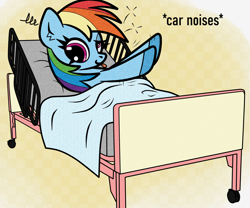 Size: 1200x1000 | Tagged: safe, artist:scandianon, rainbow dash, pegasus, pony, g4, bed, dizzy, female, hospital bed, lying down, mare, onomatopoeia, raised hoof, solo, tongue out, wall eyed