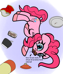 Size: 1200x1400 | Tagged: safe, artist:scandianon, pinkie pie, earth pony, pony, g4, belly, bellyrub request, chips, cookie, crumbs, dock, female, food, hooves, ice cream, looking at you, mare, pain, pie, solo, tail, talking to viewer, teary eyes, trash