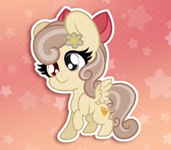 Size: 2048x1792 | Tagged: safe, artist:sweet cream, oc, oc only, oc:dandelion "buttercup", pegasus, pony, bow, chibi, flower, flower in hair, gem, glass eye, hair bow, heterochromia, solo, stars