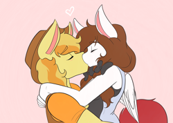 Size: 2048x1462 | Tagged: safe, artist:mscolorsplash, braeburn, oc, oc:color splash, earth pony, pegasus, anthro, g4, canon x oc, duo, eyes closed, female, floating heart, heart, kiss on the lips, kissing, male, mare, pink background, shipping, simple background, stallion, straight