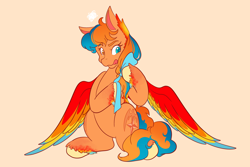 Size: 2048x1365 | Tagged: safe, artist:mscolorsplash, oc, oc only, pegasus, pony, bow, commission, dexterous hooves, hair bow, heterochromia, orange background, simple background, sitting, solo, tongue out, unshorn fetlocks