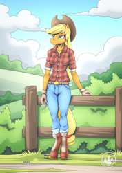 Size: 2171x3070 | Tagged: safe, artist:mysticalpha, applejack, earth pony, anthro, unguligrade anthro, female, fence, high res, solo