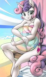Size: 1864x3070 | Tagged: safe, artist:mysticalpha, sweetie belle, unicorn, anthro, unguligrade anthro, g4, ball, beach, beach ball, bikini, breast squish, breasts, busty sweetie belle, cleavage, clothes, female, high res, looking at you, mare, ocean, older, older sweetie belle, pink bikini, sand, sitting, smiling, smiling at you, solo, swimsuit, water