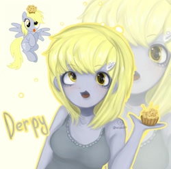 Size: 1557x1545 | Tagged: safe, artist:milablon1, derpy hooves, human, pegasus, pony, g4, anime style, cute, derpabetes, female, food, humanized, mare, muffin, open mouth, outline, pony coloring, tongue out, zoom layer