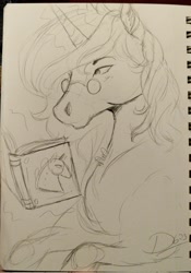 Size: 1433x2048 | Tagged: safe, artist:thelunarmoon, oc, oc only, oc:lunar moon, pony, unicorn, book, grayscale, hoers, male, monochrome, pencil drawing, reading, solo, stallion, traditional art