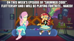 Size: 888x499 | Tagged: safe, edit, edited screencap, screencap, fluttershy, sunset shimmer, equestria girls, g4, game stream, my little pony equestria girls: better together, caption, image macro, skinny, text, thin