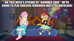 Size: 888x499 | Tagged: safe, edit, edited screencap, screencap, fluttershy, sunset shimmer, equestria girls, g4, game stream, my little pony equestria girls: better together, caption, image macro, text