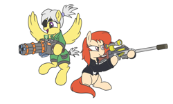 Size: 2000x1200 | Tagged: safe, artist:amateur-draw, oc, oc only, oc:phosphor flame, oc:silver charm, earth pony, pegasus, pony, clothes, eyepatch, female, gun, jacket, leather, leather jacket, mare, minigun, overalls, rifle, short tail, simple background, sniper, sniper rifle, tail, weapon, white background