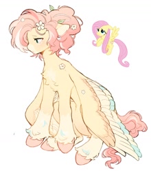 Size: 1440x1637 | Tagged: safe, artist:komuniie, fluttershy, pegasus, pony, g4, alternate design, alternate hairstyle, chest fluff, coat markings, colored hooves, colored wings, facial markings, female, floppy ears, flower, flower in hair, hair bun, leaves, leaves in hair, looking away, mare, mealy mouth (coat marking), multicolored wings, partially open wings, redesign, simple background, sitting, socks (coat markings), solo, three quarter view, unshorn fetlocks, white background, wings, wings down