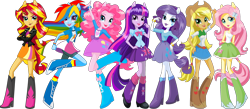 Size: 2390x1046 | Tagged: safe, artist:will290590, edit, editor:pascalmulokozi2, applejack, fluttershy, pinkie pie, rainbow dash, rarity, sunset shimmer, twilight sparkle, alicorn, equestria girls, g4, my little pony equestria girls, official, box art, crossed arms, full body, hand on hip, humane five, humane six, long hair, looking at you, merchandise, open mouth, open smile, simple background, smiling, smiling at you, standing, transparent background, vector