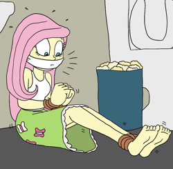 Size: 1000x980 | Tagged: safe, artist:bugssonicx, fluttershy, human, equestria girls, g4, ankle tied, barefoot, bondage, bound and gagged, bound wrists, cloth gag, emanata, feet, gag, rope, rope bondage, solo, tied up