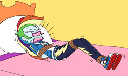 Size: 1500x891 | Tagged: source needed, safe, artist:bugssonicx, rainbow dash, human, equestria girls, g4, arm behind back, bed, bondage, bound and gagged, cloth gag, converse, dashsub, emanata, eyes closed, femsub, gag, lying down, on back, on bed, rope, rope bondage, shoes, solo, struggling, stuff gag, submissive, tied up