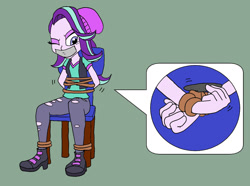 Size: 1300x969 | Tagged: source needed, safe, artist:bugssonicx, starlight glimmer, human, equestria girls, g4, arm behind back, bondage, bound and gagged, bound wrists, gag, nail file, rope, rope bondage, solo, tape, tape gag, tied to chair, tied up