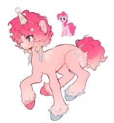 Size: 1440x1542 | Tagged: safe, artist:komuniie, pinkie pie, earth pony, pony, g4, alternate design, butt fluff, colored muzzle, female, gradient mane, gradient tail, hat, mare, mismatched hooves, party hat, redesign, short hair, simple background, solo, tail, unshorn fetlocks, white background