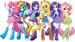 Size: 1530x857 | Tagged: safe, applejack, fluttershy, pinkie pie, rainbow dash, rarity, twilight sparkle, alicorn, equestria girls, g4, official, book, clothes, crossed arms, cutie mark on clothes, equestria girls plus, full body, hand on hip, humane five, humane six, long hair, looking at you, open mouth, open smile, simple background, smiling, smiling at you, transparent background, twilight sparkle (alicorn), vector, wings