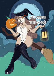 Size: 2256x3143 | Tagged: safe, artist:marlboro-art, oc, oc only, pony, anthro, art, broom, commission, flying, flying broomstick, furry, futa, halloween, hat, holiday, intersex, jack-o-lantern, lantern, moon, paypal, pumpkin, solo, witch hat, your character here