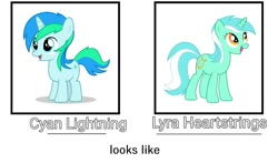 Size: 1080x634 | Tagged: safe, edit, part of a set, lyra heartstrings, oc, oc:cyan lightning, pony, unicorn, g4, colt, comparison, duo, duo male and female, female, foal, male, mare