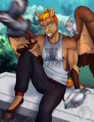 Size: 2550x3300 | Tagged: safe, artist:askbubblelee, oc, oc only, oc:singe, bird, pegasus, pigeon, anthro, unguligrade anthro, anthro oc, bench, digital art, facial hair, freckles, goatee, looking at you, male, pegasus oc, sitting, solo, stallion, sweat, workout outfit