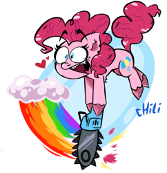 Size: 541x559 | Tagged: artist needed, safe, pinkie pie, earth pony, pony, lesbian ponies with weapons, g4, chainsaw, female, mare, rainbow, smiling, this will end in cupcakes