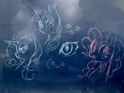 Size: 2048x1536 | Tagged: safe, artist:metaruscarlet, pinkie pie, rarity, twilight sparkle, earth pony, pony, unicorn, chalkboard, doodle, looking at you, open mouth, traditional art, unicorn twilight