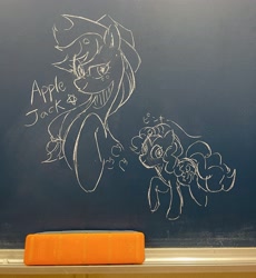 Size: 3024x3291 | Tagged: safe, artist:metaruscarlet, applejack, pinkie pie, earth pony, pony, applejack's hat, chalkboard, cowboy hat, doodle, hat, japanese, looking at you, traditional art