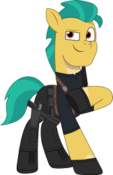 Size: 869x1337 | Tagged: safe, artist:edy_january, artist:prixy05, edit, vector edit, hitch trailblazer, earth pony, pony, g5, my little pony: tell your tale, belt, black pants, boots, clothes, combat knife, equipment, fixed, gloves, gun, handgun, knife, leon s. kennedy, pistol, resident evil, resident evil 4, resident evil 4 remake, sg-09, shirt, shoes, simple background, solo, tactical, transparent background, usp, usp9, vector, weapon