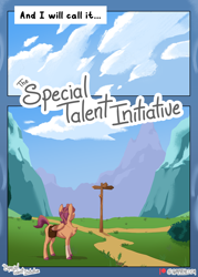 Size: 1800x2520 | Tagged: safe, artist:parrpitched, scootaloo, pegasus, pony, comic:the special talent initiative, g4, bag, chest fluff, cloud, coat markings, colored hooves, colored wings, comic, concave belly, folded wings, grass, mountain, multicolored wings, outdoors, path, redesign, road sign, saddle bag, socks (coat markings), standing, wings