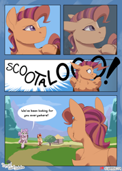 Size: 1800x2520 | Tagged: safe, artist:parrpitched, apple bloom, scootaloo, sweetie belle, earth pony, pegasus, pony, unicorn, comic:the special talent initiative, g4, alternate universe, chest fluff, coat markings, comic, cutie mark crusaders, ears back, facial markings, female, galloping, grass, house, mountain, outdoors, path, redesign, running, speech, speech bubble, star (coat marking), startled, talking, text, tree, yelling