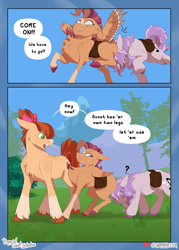 Size: 1800x2520 | Tagged: safe, artist:parrpitched, apple bloom, scootaloo, sweetie belle, earth pony, pegasus, pony, unicorn, comic:the special talent initiative, g4, alternate universe, back freckles, bag, blaze (coat marking), blushing, bow, bush, chest fluff, cloven hooves, coat markings, colored hooves, colored wings, comic, concave belly, cutie mark crusaders, ear blush, ears back, facial markings, female, filly, foal, folded wings, freckles, grass, hair bow, headbutt, multicolored wings, outdoors, ponytail, pushing, question mark, redesign, rump push, saddle bag, shoulder freckles, socks (coat markings), speech, speech bubble, standing, star (coat marking), startled, talking, text, trio, trio female, wings