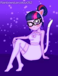 Size: 1532x2016 | Tagged: safe, artist:rainbowstarcolour262, sci-twi, twilight sparkle, human, series:equ shadowcats, equestria girls, g4, alternate versions at source, animal costume, bare shoulders, blushing, boob window, breasts, busty sci-twi, cat costume, cat ears, cat tail, catgirl, cleavage, clothes, costume, crystal prep shadowbolts, cute, female, glasses, gradient background, looking at you, one eye closed, purple eyes, signature, sitting, skirt, sleeveless, solo, stockings, tail, thigh highs, twiabetes, upskirt denied, wink