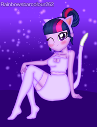 Size: 1532x2016 | Tagged: safe, alternate version, artist:rainbowstarcolour262, sci-twi, twilight sparkle, human, series:equ shadowcats, equestria girls, g4, animal costume, bare shoulders, blushing, boob window, breasts, busty sci-twi, cat costume, cat ears, cat tail, catgirl, cleavage, clothes, costume, crystal prep shadowbolts, cute, female, gradient background, looking at you, missing accessory, no glasses, one eye closed, purple eyes, signature, sitting, skirt, sleeveless, solo, stockings, tail, thigh highs, twiabetes, upskirt denied, wink