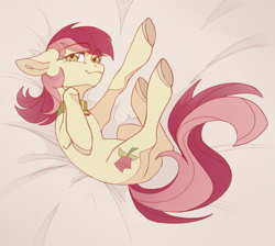 Size: 2137x1913 | Tagged: safe, artist:miss_glowwormis, roseluck, pony, g4, behaving like a cat, collar, commission, commissioner:doom9454, cute, floppy ears, lying down, on back, pet tag, pony pet, rosepet, stretching, underhoof
