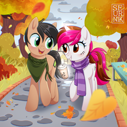 Size: 2548x2548 | Tagged: safe, artist:seurnik, oc, oc only, oc:kosh, oc:vetta, earth pony, pony, unicorn, autumn, bench, clothes, coffee, duo, high res, leaves, looking at each other, looking at someone, magic, open mouth, open smile, outdoors, scarf, smiling, smiling at each other, striped scarf, telekinesis