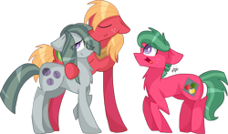 Size: 2816x1652 | Tagged: safe, artist:gallantserver, big macintosh, marble pie, oc, oc:watermelon tourmaline, earth pony, pony, g4, chest fluff, concave belly, eye clipping through hair, eyes closed, female, male, offspring, parent:big macintosh, parent:marble pie, parents:marblemac, ship:marblemac, shipping, simple background, smiling, standing, straight, transparent background