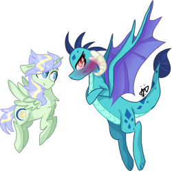 Size: 1650x1634 | Tagged: safe, artist:gallantserver, princess ember, oc, oc:starluck, alicorn, dragon, pony, g4, blushing, chest fluff, crossed arms, dragoness, female, full body, looking at someone, male, simple background, smiling, stallion, transparent background, wings