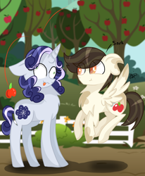Size: 1700x2059 | Tagged: safe, artist:gallantserver, oc, oc only, pegasus, pony, unicorn, apple, apple tree, chest fluff, concave belly, derp, duo, eye clipping through hair, fence, horn, outdoors, standing, tongue out, tree, wings