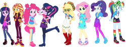 Size: 3828x1440 | Tagged: safe, artist:shootingstarsentry, applejack, fluttershy, pinkie pie, rainbow dash, rarity, sci-twi, sunset shimmer, twilight sparkle, equestria girls, g4, big crown thingy, clothes, element of magic, flower, flower in hair, full body, hand on hip, humane five, humane seven, humane six, jewelry, looking at you, music festival outfit, open mouth, open smile, rainbow socks, regalia, simple background, smiling, socks, standing, striped socks, transparent background