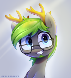 Size: 2716x2982 | Tagged: safe, artist:opal_radiance, oc, deer, bust, deer oc, facial hair, glasses, high res, ko-fi, looking at you, non-pony oc, reward, solo, watermark