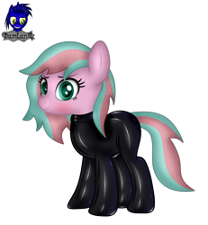 Size: 3840x4154 | Tagged: safe, artist:damlanil, oc, oc:mystic breeze, earth pony, pony, bodysuit, catsuit, clothes, cute, female, latex, latex suit, looking at you, mare, rubber, shiny, show accurate, simple background, smiling, solo, standing, suit, transparent background, vector