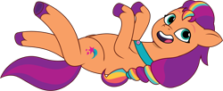 Size: 1474x601 | Tagged: safe, artist:prixy05, sunny starscout, earth pony, pony, g5, my little pony: tell your tale, behaving like a cat, cute, hoof heart, lying down, mane stripe sunny, on back, open mouth, open smile, round belly, simple background, smiling, solo, sunnybetes, transparent background, twilight sparkle's cutie mark, underhoof, unshorn fetlocks, upside-down hoof heart, vector