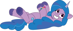 Size: 1804x762 | Tagged: safe, alternate character, alternate version, artist:prixy05, izzy moonbow, pony, unicorn, g5, my little pony: tell your tale, behaving like a cat, bracelet, cute, female, friendship bracelet, grin, hoof heart, izzybetes, jewelry, lying down, mare, on back, round belly, simple background, smiling, solo, transparent background, underhoof, unshorn fetlocks, upside-down hoof heart, vector