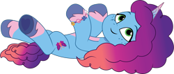 Size: 1504x646 | Tagged: safe, alternate character, alternate version, artist:prixy05, misty brightdawn, pony, unicorn, g5, my little pony: tell your tale, behaving like a cat, bracelet, coat markings, concave belly, cute, female, freckles, friendship bracelet, hoof heart, jewelry, lying down, mare, mistybetes, on back, pale belly, rebirth misty, simple background, smiling, socks (coat markings), solo, transparent background, underhoof, unshorn fetlocks, upside-down hoof heart, vector