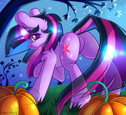 Size: 2224x2024 | Tagged: safe, alternate version, artist:yuris, twilight sparkle, pony, unicorn, g4, butt, dock, ears up, featureless crotch, female, field, halloween, high res, holiday, looking at you, looking back, looking back at you, mare, night, night sky, outdoors, plot, pumpkin, sky, solo, tail, transparent tail, tree, twibutt, unicorn twilight